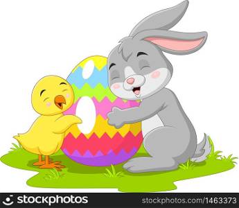 Cartoon little rabbit with chick and easter egg