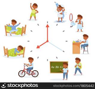 Cartoon little school boy activities, child daily routine. Children morning and evening activity, everyday schedule for kids vector set. Brushing teeth, having shower and learning at school. Cartoon little school boy activities, child daily routine. Children morning and evening activity, everyday schedule for kids vector set