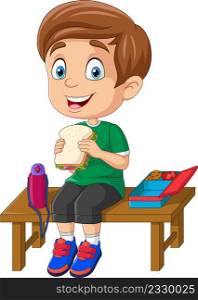 Cartoon little school boy eating bread