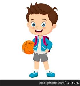 Cartoon little school boy holding a basketball