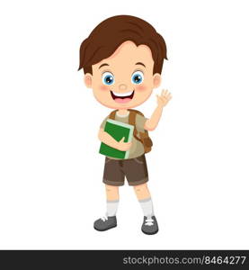 Cartoon little school boy waving hand 