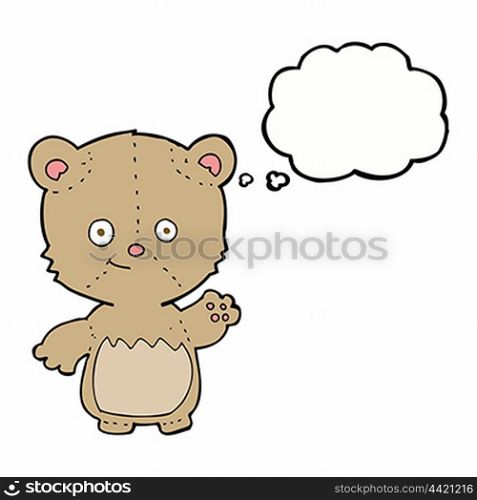 cartoon little teddy bear waving with thought bubble