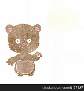 cartoon little teddy bear waving with thought bubble
