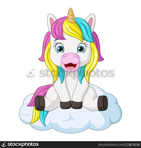 Cartoon little unicorn sitting on the clouds