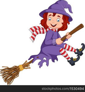 Cartoon little witch flying use a broomstick