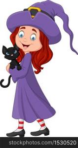 Cartoon little witch holding black cat