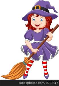 Cartoon little witch holding broomstick