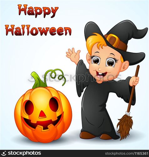 Cartoon little witch waving and pumpkin