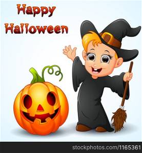 Cartoon little witch waving and pumpkin