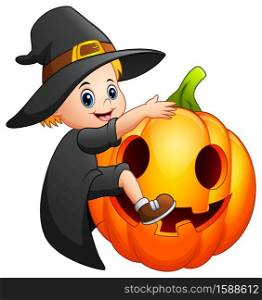 Cartoon little witch with a pumpkin