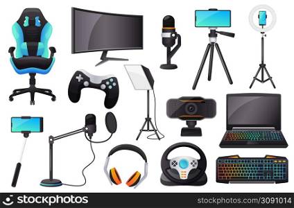 Cartoon live streaming and gaming accessories, gamer equipment. Microphone, headset, monitor, lighting, web camera, vlogging gear vector set. Isolated tools for online game broadcasting. Cartoon live streaming and gaming accessories, gamer equipment. Microphone, headset, monitor, lighting, web camera, vlogging gear vector set