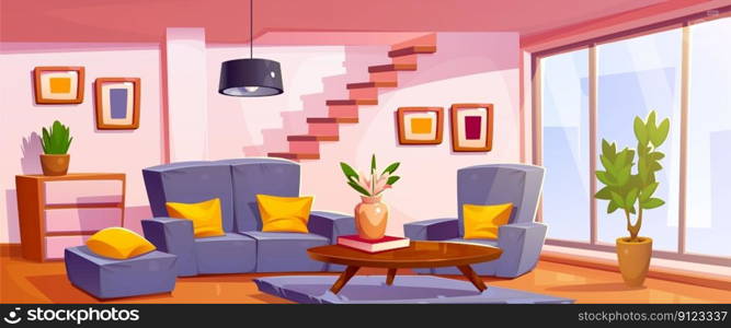 Cartoon living room interior design with furniture and decor. Vector illustration of apartment with couch and cushions, armchairs, wooden table, pictures on wall, staircase and window, carpet on floor. Cartoon living room interior design