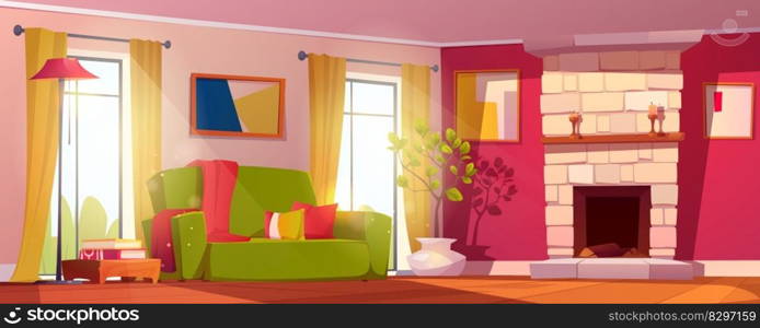 Cartoon living room interior with furniture and fireplace. Vector illustration of cozy light home with large windows, green sofa, floor l&and books on table, pictures on wall. Modern house design. Cartoon living room interior with fireplace