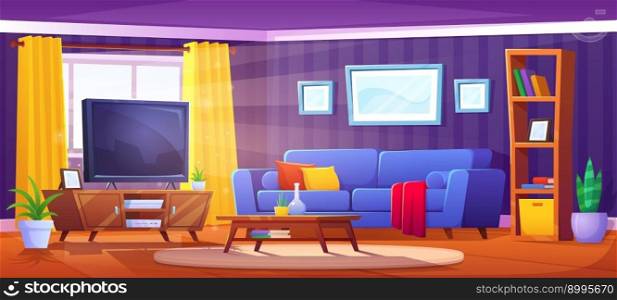 Cartoon living room interior with sofa and tv. Sunlight from window in apartment. Television, couch with plaid, pot and carpet inside flat. Bookcase near coffee table in lounge area of house.. Cartoon living room interior with sofa and tv