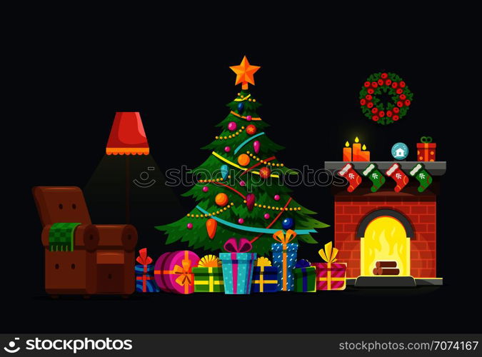 Cartoon living room with xmas tree and fireplace. Christmas holiday vector flat concept. Christmas fireplace interior, xmas in living room with furniture and green tree illustration. Cartoon living room with xmas tree and fireplace. Christmas holiday vector flat concept