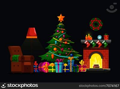 Cartoon living room with xmas tree and fireplace. Christmas holiday vector flat concept. Christmas fireplace interior, xmas in living room with furniture and green tree illustration. Cartoon living room with xmas tree and fireplace. Christmas holiday vector flat concept