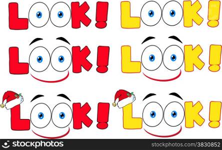 Cartoon Look Text With Santa Hat And Eyes. Collection Set