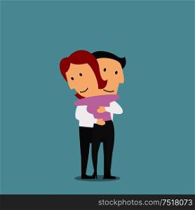 Cartoon loving couple are standing and hugging with happy smiles. May be used as love, marriage, family and relationship themes design. Woman and man hugging with happy smiles