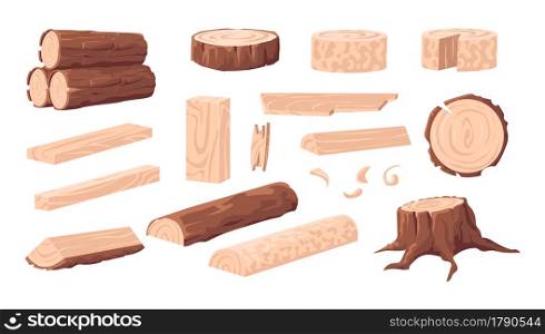 Cartoon lumber. Wood materials. Forest tree trunk and log. Branches with brown bark. Isolated wooden plank and stump. Oak or pine natural construction board for carpentry. Vector sawmill products set. Cartoon lumber. Wood materials. Forest tree trunk and log. Branches with bark. Wooden plank and stump. Oak or pine natural construction board for carpentry. Vector sawmill products set