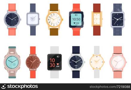 Cartoon luxury gold wristwatches and gadget smart watch. Fashion women and men accessory wrist watches. Hand clock with bracelet vector set. Leather and metal watch strap isolated on white. Cartoon luxury gold wristwatches and gadget smart watch. Fashion women and men accessory wrist watches. Hand clock with bracelet vector set