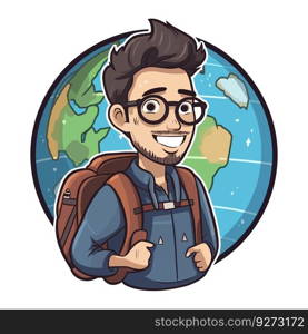 Cartoon ma≤trave≤r/backpacker travels in the world, vector illustration