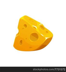 Cartoon maasdam, dutch and swiss cheese. Vector triangular or pyramid yellow slice of dairy product. Piece with holes, grocery food, milky farm production made of milk, isolated cheese. Cartoon maasdam, dutch and swiss cheese piece