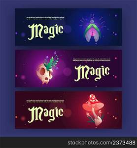 Cartoon magic banners with witch or wizard esoteric items pinned fly, animal skull with plant and fly agaric mushroom. Background for game interface, sorcerer and mage education, Vector illustration. Cartoon magic banners with witch esoteric items