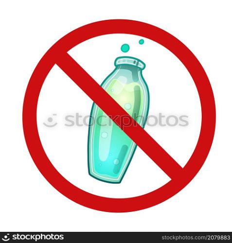 Cartoon magic bottle in a prohibition sign. The potion is banned. Danger of poisoning. The ban on experiments and alchemy. Vector forbidden icon for sticker and sign. Cartoon magic bottle in a prohibition sign. The potion is banned. Danger of poisoning. The ban on experiments and alchemy.