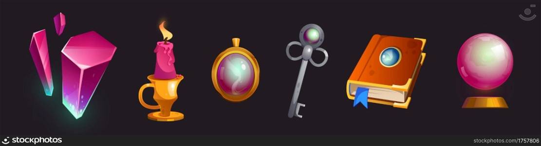 Cartoon magic items crystal, globe, burning candle and ancient silver key, spell book and gold pendant. Elements for computer game interface, isolated witch stuff, Vector illustration, icons set. Cartoon magic items, isolated witch stuff set