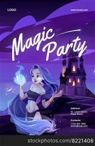 Cartoon magic party poster with woman, nymph looking on wizard fire on hand. Beautiful witch wear loincloth and top, wrapped into long hair admire of sparkling blaze at night, vector illustration. Cartoon magic party poster