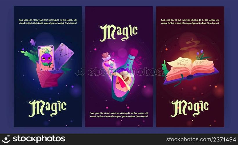 Cartoon magic posters with witch stuff, magician spell book, cards, plant and potion bottles. Witchcraft background for computer game, wizard, alchemy school education concept, Vector illustration. Cartoon magic posters with witch magician stuff