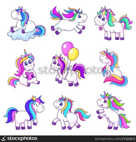Cartoon magic unicorns. Cute pony, unicorn patches. Isolated pink kids friends, fairy tale animals. Cutie elements for birthday, party, decorations, garish vector. Illustration of fantasy pony unicorn. Cartoon magic unicorns. Cute pony, unicorn patches. Isolated pink kids friends, fairy tale animals. Cutie elements for birthday, party, decorations, garish vector