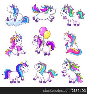 Cartoon magic unicorns. Cute pony, unicorn patches. Isolated pink kids friends, fairy tale animals. Cutie elements for birthday, party, decorations, garish vector. Illustration of fantasy pony unicorn. Cartoon magic unicorns. Cute pony, unicorn patches. Isolated pink kids friends, fairy tale animals. Cutie elements for birthday, party, decorations, garish vector