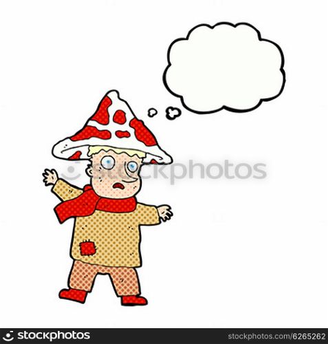 cartoon magical mushroom man with thought bubble