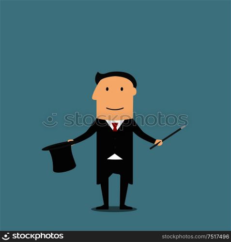 Cartoon magician in elegant black tailcoat showing tricks with magic wand and hat. Entertainment and weekend leisure activity or profession theme design. Magician showing tricks with magic wand and hat