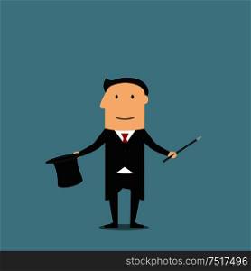 Cartoon magician in elegant black tailcoat showing tricks with magic wand and hat. Entertainment and weekend leisure activity or profession theme design. Magician showing tricks with magic wand and hat