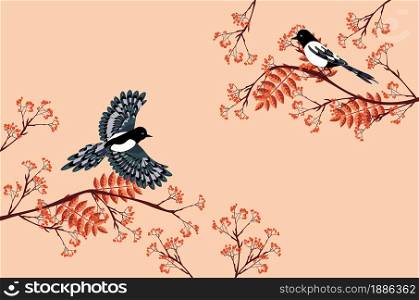 Cartoon magpie and branches of rowan, mountain ash.