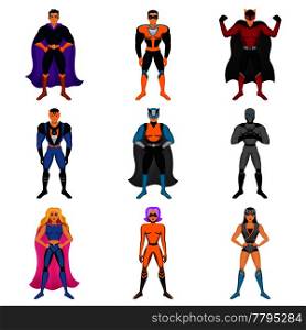 Cartoon male and female characters dressed in superhero costume with cape mantle and mask colored set isolated vector illustration. Superhero Costumes Set