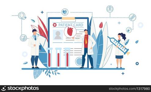 Cartoon Male and Female Doctors in Uniform Standing with Medical Equipment over Huge Patient Card. Treatment, Early Disease Detection and Preventive Vaccination. Telemedicine. Vector Illustration. Flat Medical Poster with Male and Female Doctors