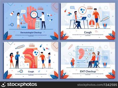 Cartoon Male and Female Patients Characters with Disease Symptoms. Dermatology Checkup, ENT Examination, Cough Causes. Medicine and Healthcare. Medical Banner Flat Set. Vector Illustration. Patients with Disease Symptoms Medical Banner Set