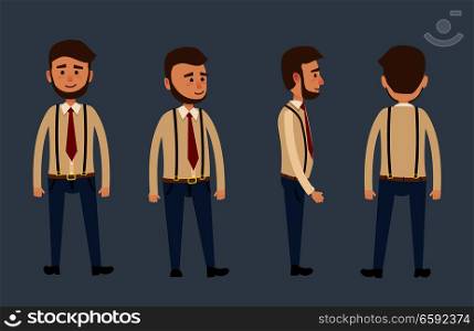 Cartoon male bearded character in jeans with suspenders, red tie and shirt isolated on dark blue background. Man stands in full face, in profile, by half and back. Vector illustration of human model.. Cartoon Male Character with Beard Illustration