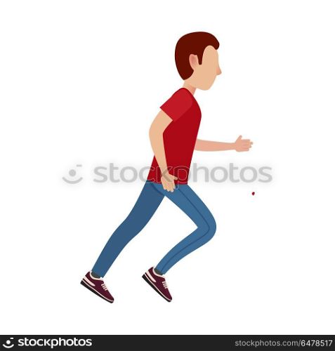 Cartoon Male Character In Motion Illustration. Adult cartoon male character in red T-shirt, sports trousers and sneakers runs away isolated vector illustration on white background.