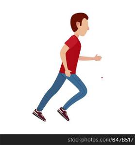 Cartoon Male Character In Motion Illustration. Adult cartoon male character in red T-shirt, sports trousers and sneakers runs away isolated vector illustration on white background.