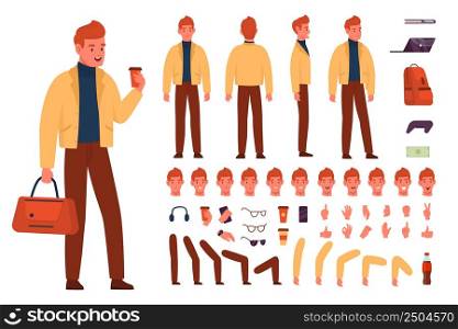 Cartoon male character kit. Man different positions generator, urban style, takeaway coffee and bag, individual body parts different angles view and accessories, various emotions vector flat style set. Cartoon male character kit. Man different positions generator, urban style, takeaway coffee and bag, individual body parts different angles view and accessories, various emotions vector set