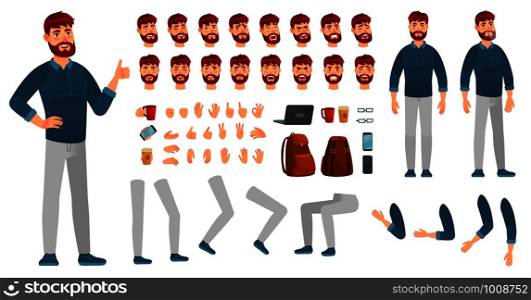 Cartoon male character kit. Man in casual clothing, different hands, legs poses and facial emotion. Characters constructor, hipster or creative businessman guy poses. Isolated vector icons set. Cartoon male character kit. Man in casual clothing, different hands, legs poses and facial emotion. Characters constructor vector set
