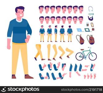 Cartoon male character kit. Young man in casual clothes. Human constructor. Guy creating. Face expressions and gestures. Different views. Bicycle and backpack. Vector body parts animation elements set. Cartoon male character kit. Man in casual clothes. Human constructor. Guy creating. Face expressions and gestures. Different views. Bicycle and backpack. Vector body animation elements set