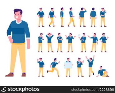 Cartoon male character poses. Guy standing in casual clothes. Different body positions and actions. Young man running and walking. Emotion expressions or gestures. Vector isolated persons postures set. Cartoon male character poses. Guy standing in casual clothes. Different body positions and actions. Man running and walking. Emotion expressions or gestures. Vector persons postures set