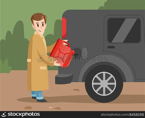 Cartoon male character pouring gasoline into car. Smiling man with red canister filling vehicle on petrol, getting ready for long trip flat vector illustration. Adventure, traveling, fuel concept