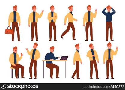 Cartoon male character. Young man in urban casual clothes, different poses, emotions and actions, work and leisure, funny person, businessman sitting and standing, working on computer vector set. Cartoon male character. Young man in urban casual clothes, different poses, emotions and actions, work and leisure, funny person, businessman sitting and standing, vector set