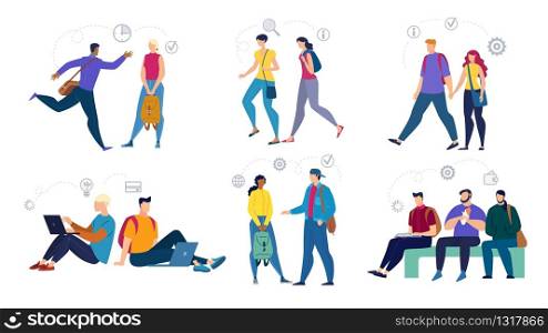 Cartoon Male Female Teenagers Students Characters Flat Set. Young Men Women, Boys Girls in Trendy Outfit with Backpacks Talking, Networking or Studying on Laptop, Going, Snacking. Vector Illustration. Male Female Teenagers Students Characters Flat Set